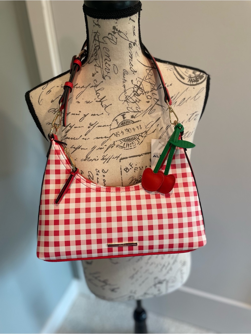 Aldo Red & White Gingham Shoulder Bag with Cherry Charm
